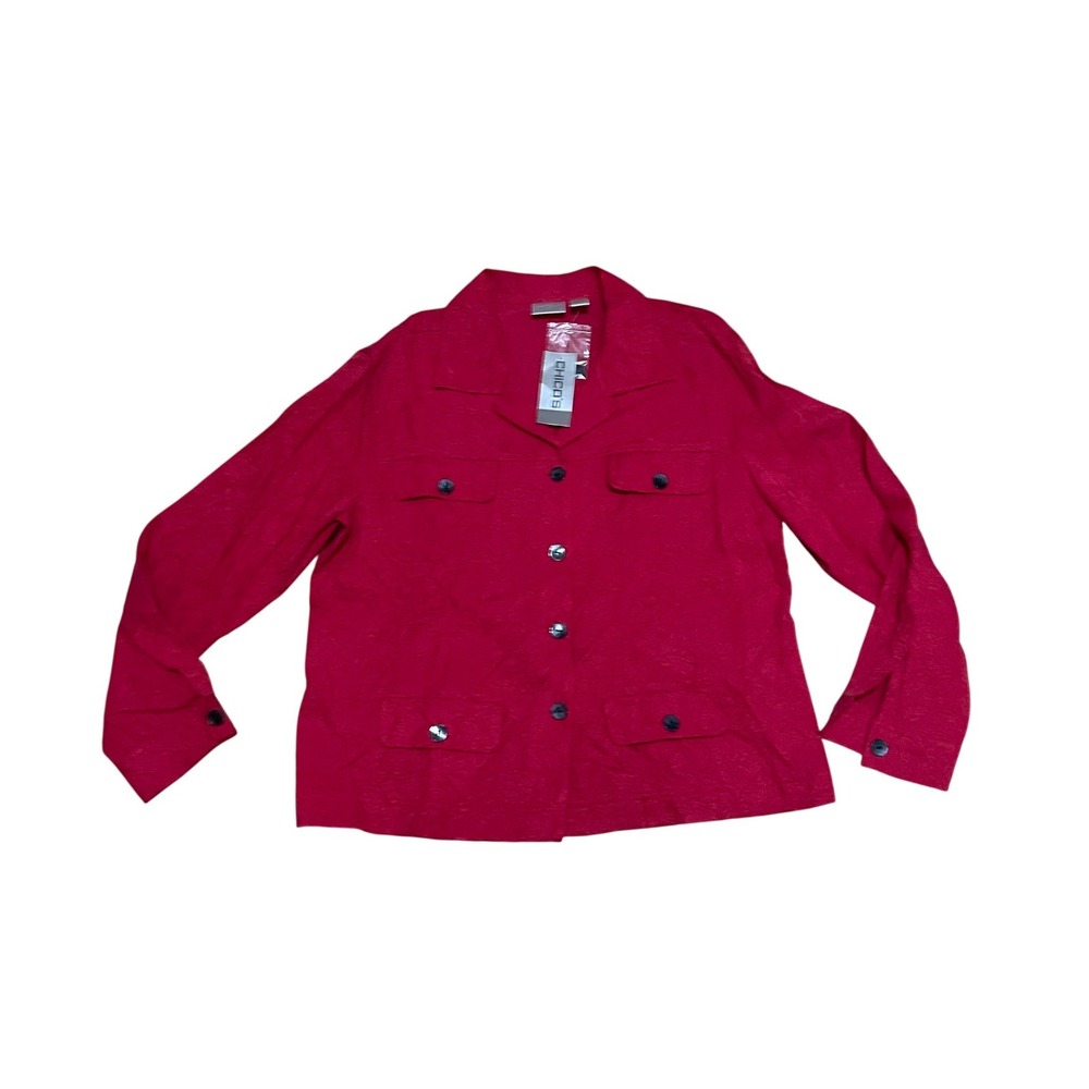 Chicos Size 2 Silk Cotton Floral Jacquard Button Down Jacket Pomegranate Red NWT
